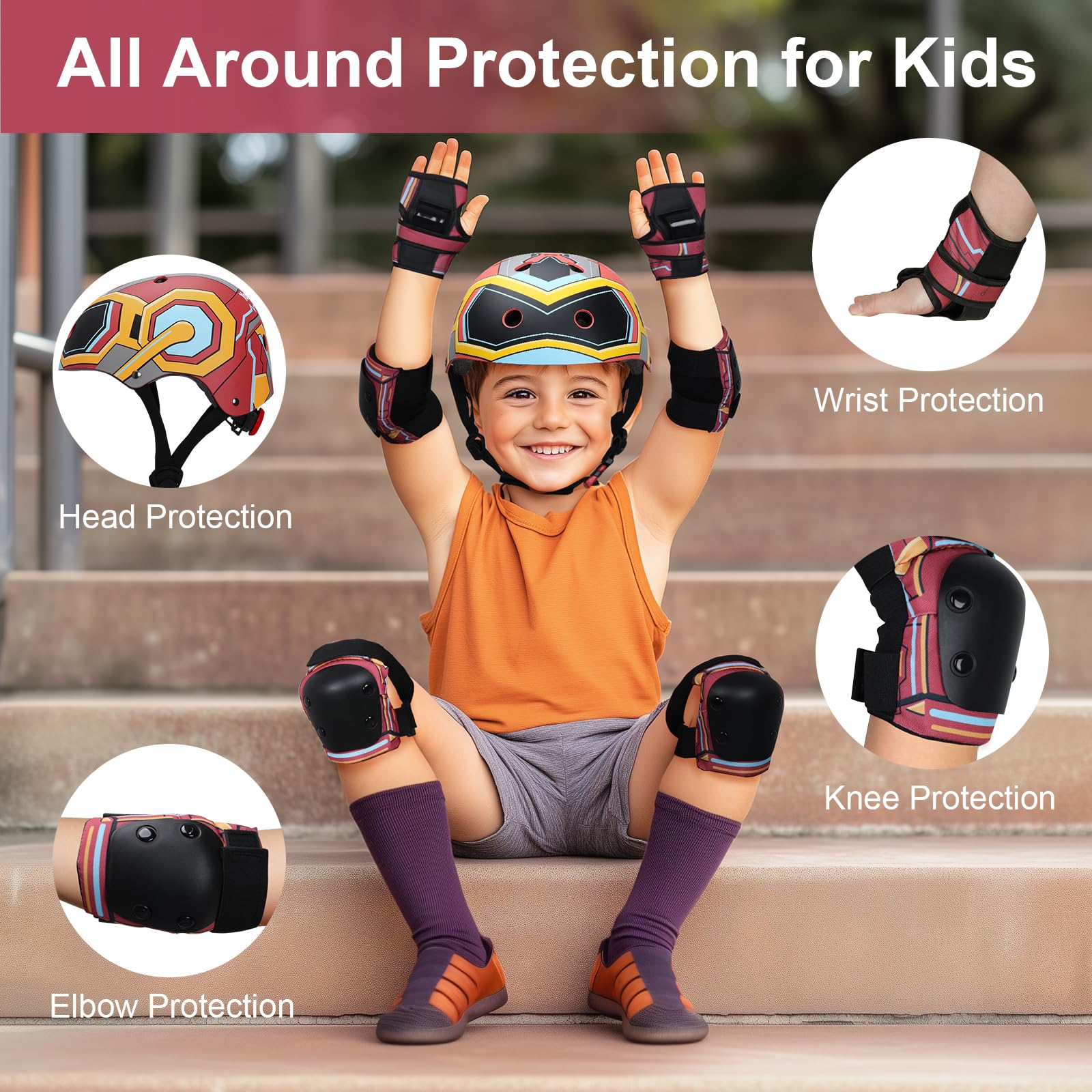 Casco Bicicleta Ajustable Niños 3-8 Años Rodilleras Coderas Muñequeras Protecciones Deportivas