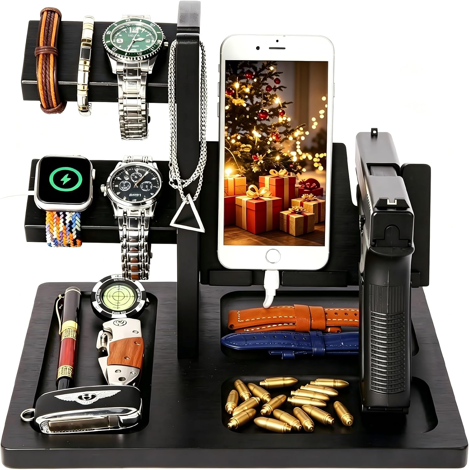 Pistol Rack for Gun Safe, Wooden Handgun Rack Holder for Gun, Wood Phone Docking Station with Magnetic Groove as Nightstand Organizer as Gifts for Men Boyfriend Husband Father in Birthday Christmas