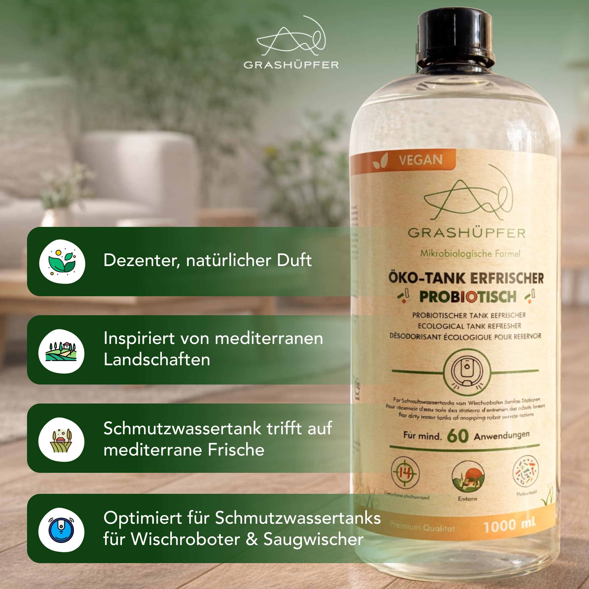 GRASHÜPFER® Deodorante ecologico per serbatoi di acqua sporca robot [probiotico] – Elimina gli odori di muffa nel serbatoio dell'acqua sporca biologicamente [profumo Toscana] – 1000 ml