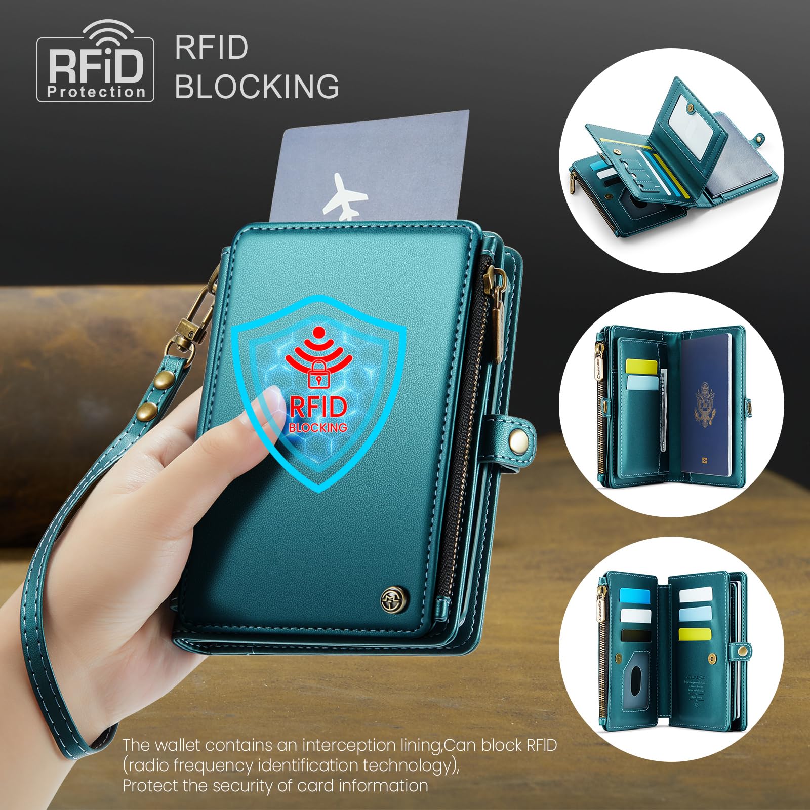 Portefeuille de passeport avec blocage RFID avec dragonne, porte-passeport de voyage en cuir synthétique avec 11 emplacements pour cartes, poche zippée et fermeture magnétique, portefeuille de