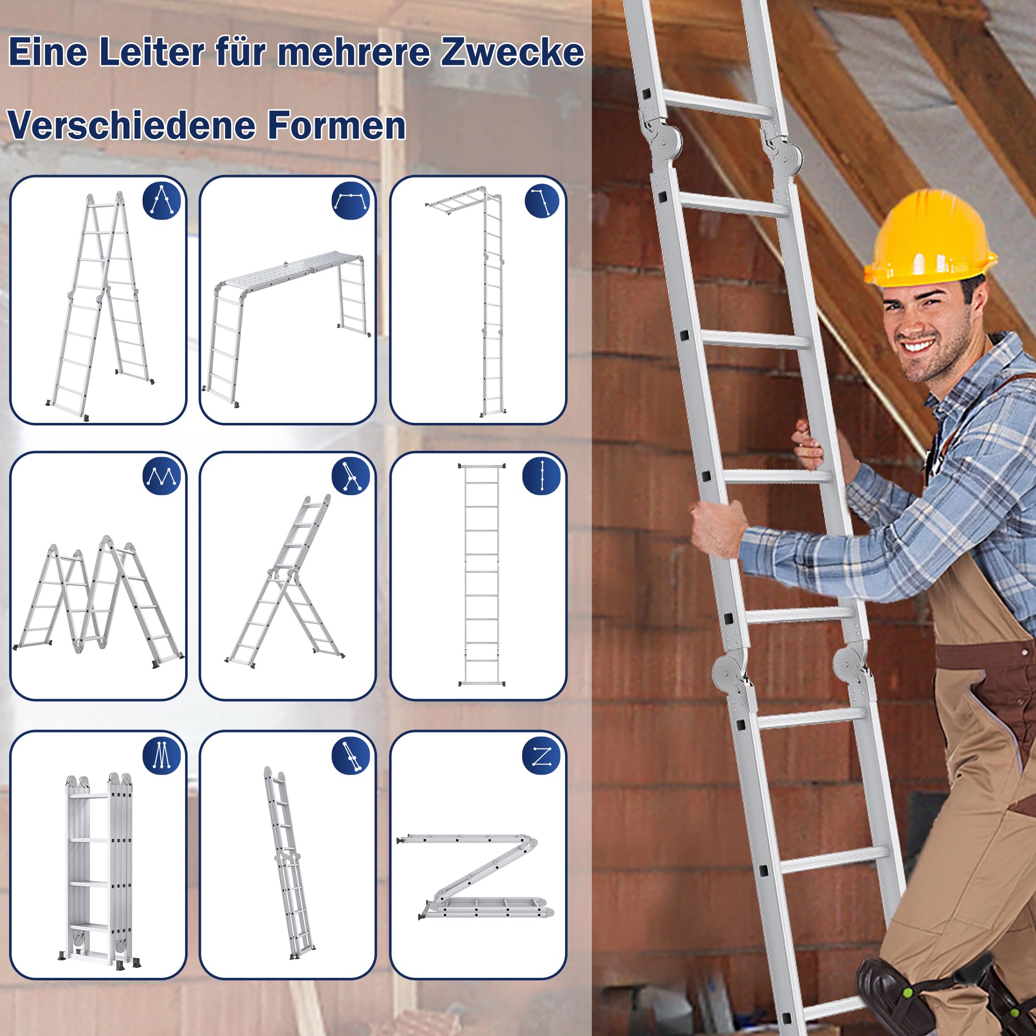 XMTECH 340cm Leiter Mehrzweckleiter Klappleiter Gelenkleiter mit Plattform Aluleiter Multifunktionsleiter Kombileiter 6 in 1 Anlegeleiter Stehleiter aus Aluminium - 4x3 Stufen, Silber