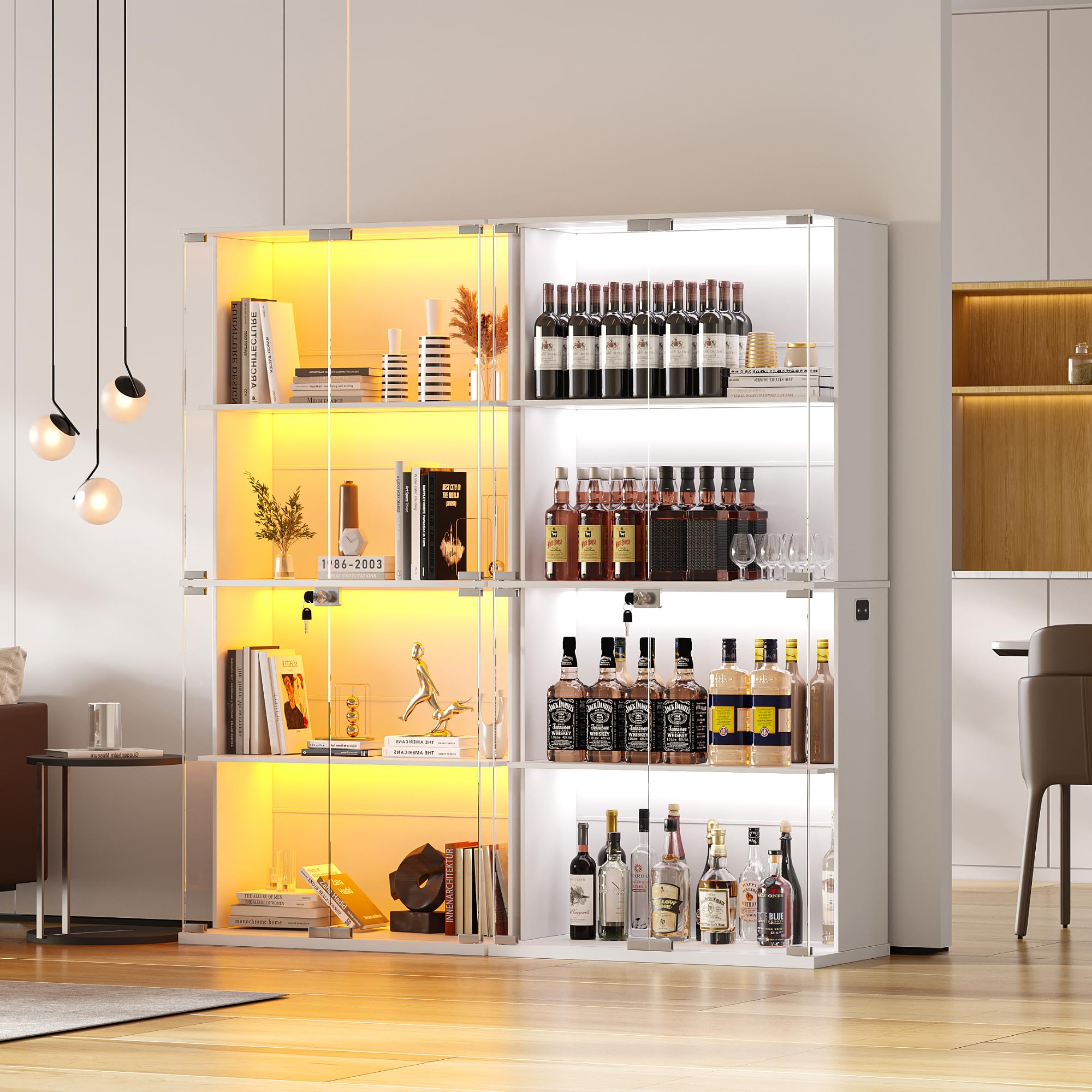 Lvifur Vitrina con iluminación LED y Puertas de Cristal para coleccionables y vinos, 35×70×168 cm, 4 Niveles, con sensores Inteligentes para salón o Dormitorio, Blanca