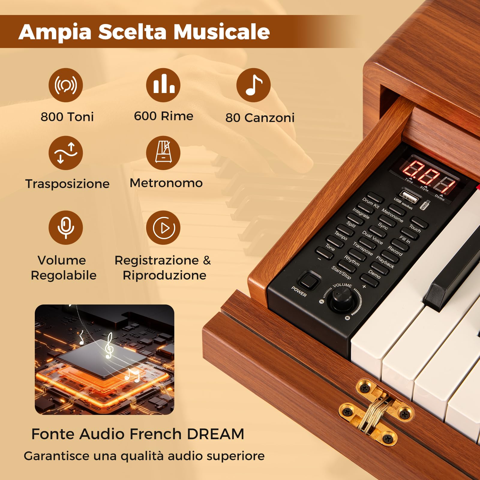 RELAX4LIFE Pianoforte Elettrico con Cassetto con 88 Tasti Pesati ad Azione a Martelletto Graduato, Registrazione e Riproduzione, Pedale Triplo, Doppi Altoparlanti e Tastiera Doppia