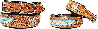 ProRider Small 13'- 17' Tooled Leather Turquoise Cross Feather Dog Puppy Collar 6056