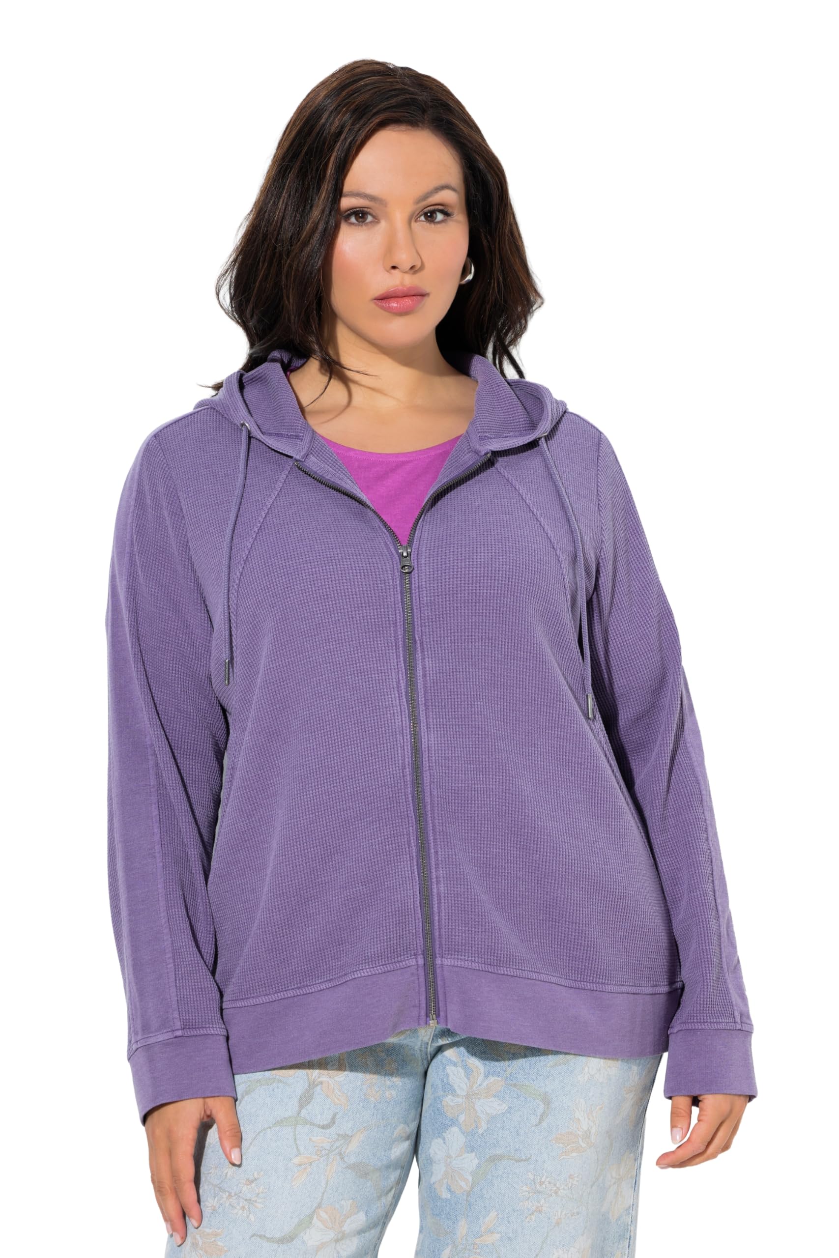 Ulla Popken Damen große Größen Übergrößen Plus Size Sweatjacke, Waffelpiqué, Kapuze, Langarm 845815