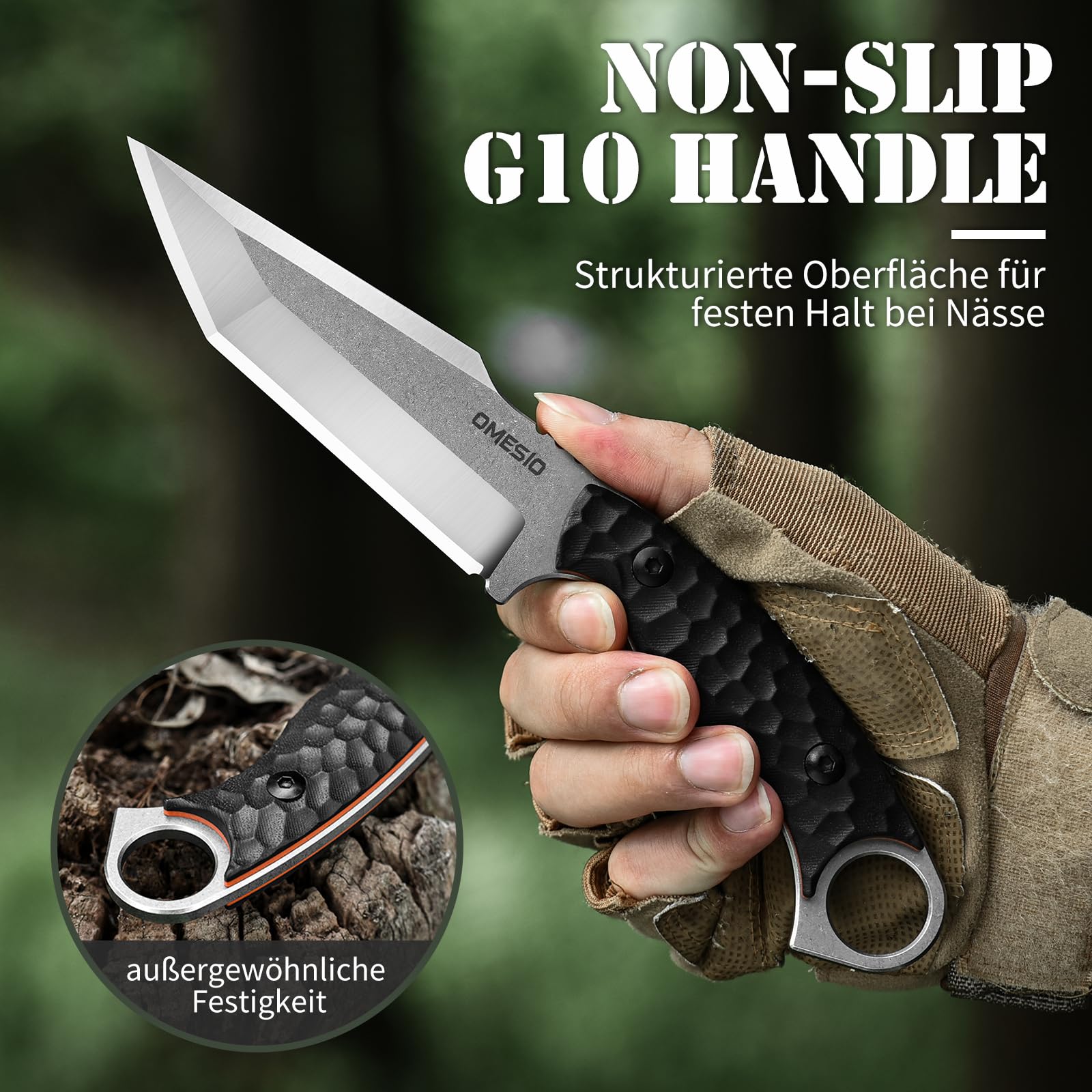 Omesio M-YL21 Tanto Couteau, livré avec étui Kydex et allume-feu, couteau de Survie haut de gamme en acier 420 à soie pleine, longueur de lame 12,6 cm manche G10, adapté à la outdoor et au camping.