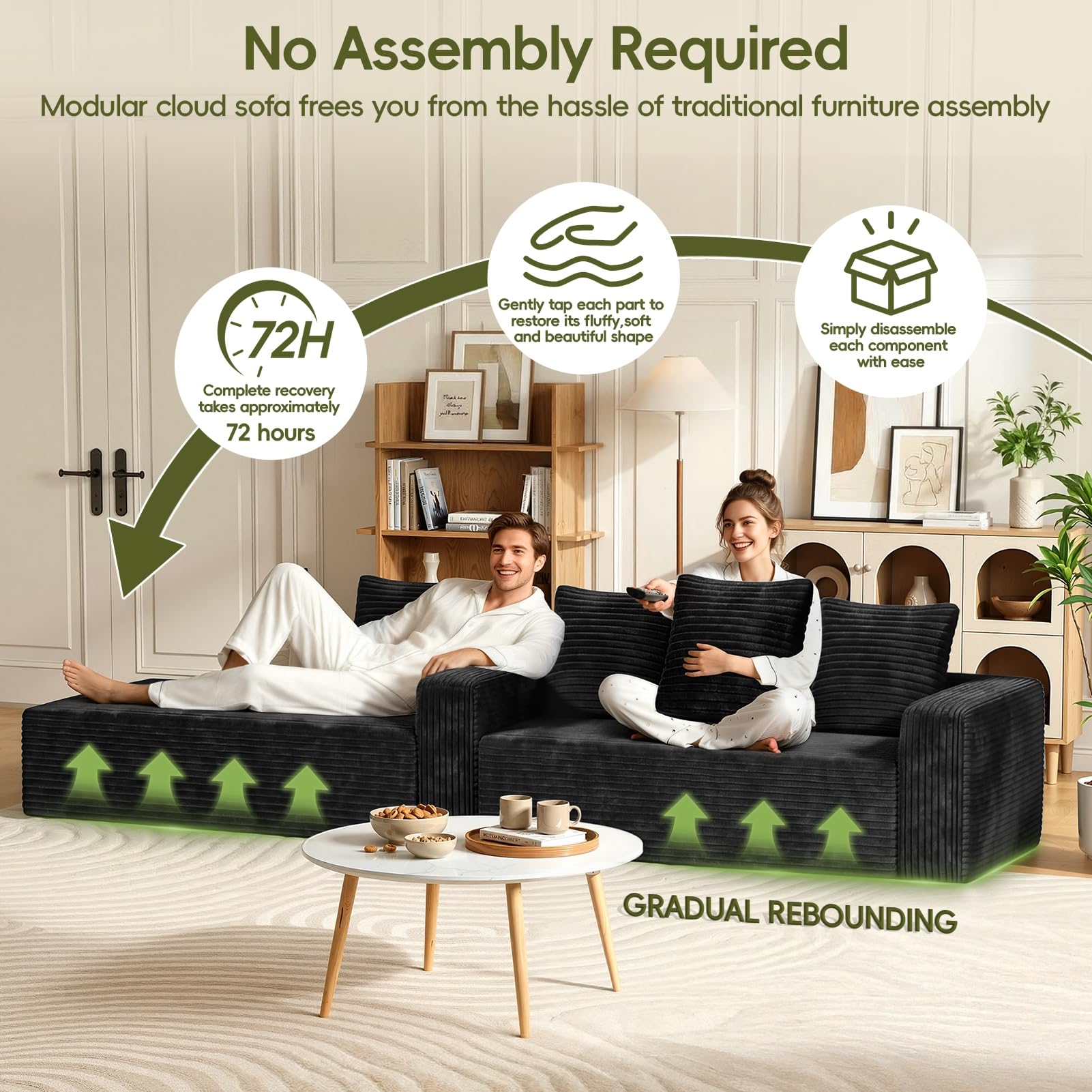 Sofá seccional Cloud en forma de L moderno modular para sala de estar con asientos profundos, sofá tapizado de tela de panel, no requiere montaje, 260 cm de ancho, negro, talla única