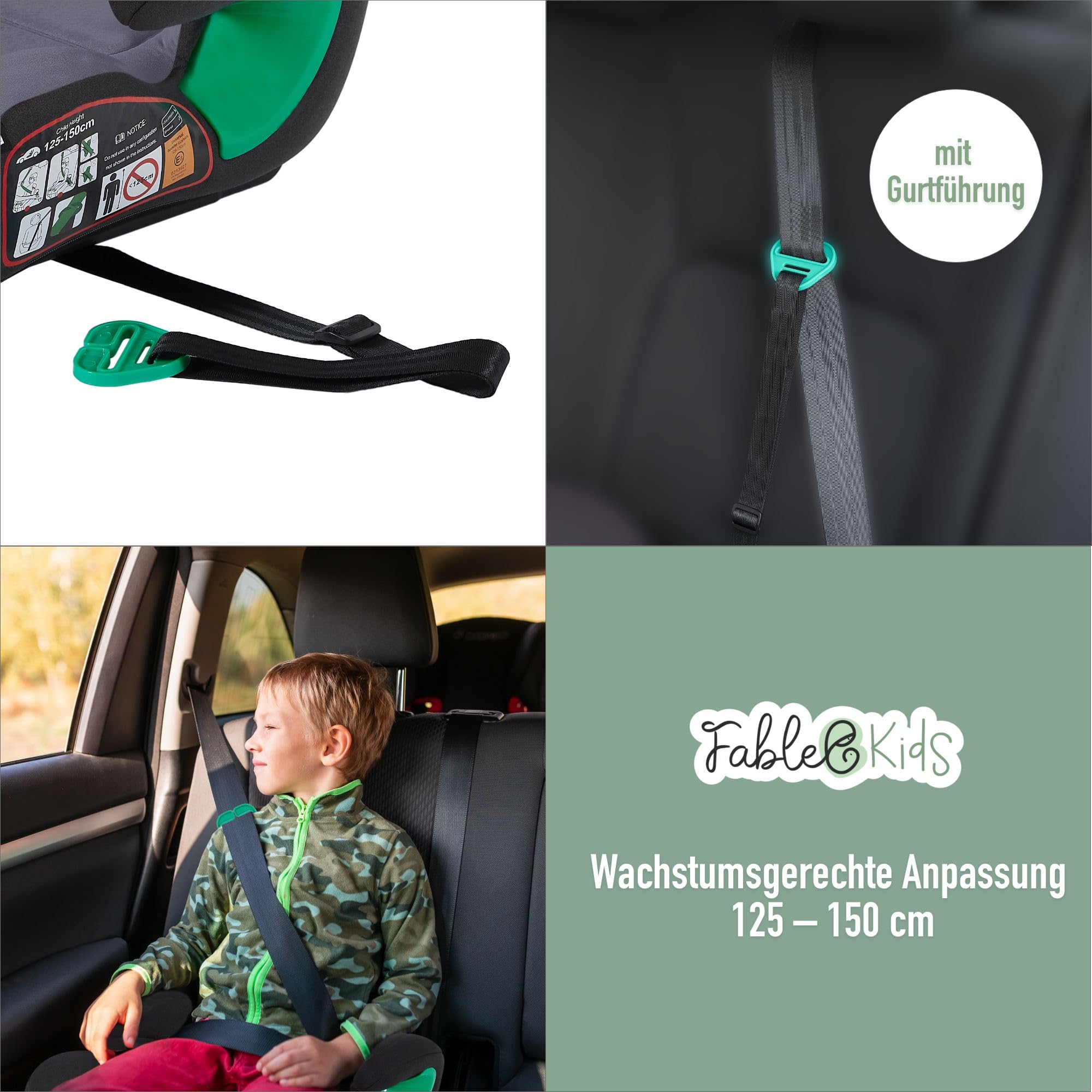 FableKids Sitzerhöhung Auto Kinder | 3-Punkt-Sicherheitsgurt | Kindersitzerhöhung bis 12 Jahre | Autositz für Kinder 125-150 cm | Kindersitzerhöhung ECE R129/03 | Grau