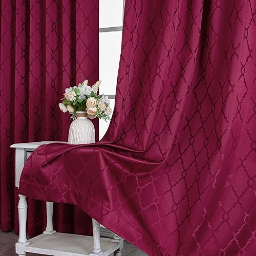 OWENIE Alma - Juego de 2 paneles de cortinas opacas de color rojo burdeos para dormitorio, 84 pulgadas de largo, con textura de celosía geométrica,