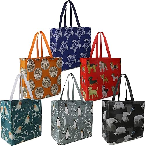 BeeGreen Bolsas de comestibles reutilizables para animales, paquete de 6 bolsas de compras ligeras con asas largas, resistentes al agua, duraderas y