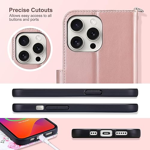 Miniatura 5 de ULAK Funda tipo cartera compatible con iPhone 15 Pro Max para mujer con tarjetero y diseño de flores, piel sintética, función atril, a prueba de