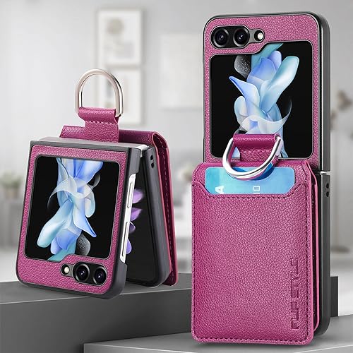 Miniatura 10 de Asuwish Funda de teléfono para Samsung Galaxy Z Flip 5 5G 2023 con ranura para tarjetas, funda tipo cartera y soporte de anillo, accesorios móviles