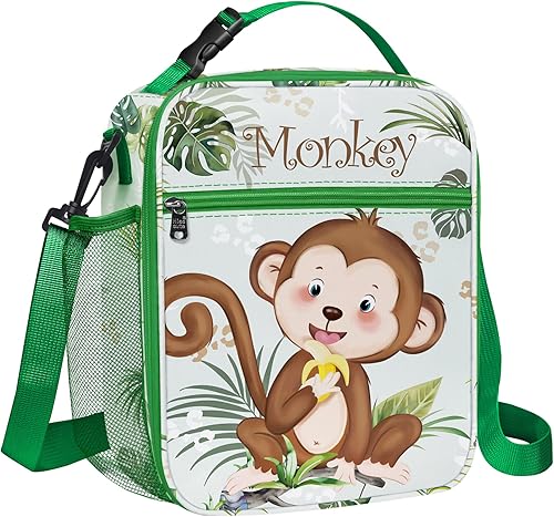 Clastyle Bolsa de almuerzo aislada para niños y niñas, lonchera escolar con diseño de mono marrón, linda bolsa enfriadora para picnic al aire libre,