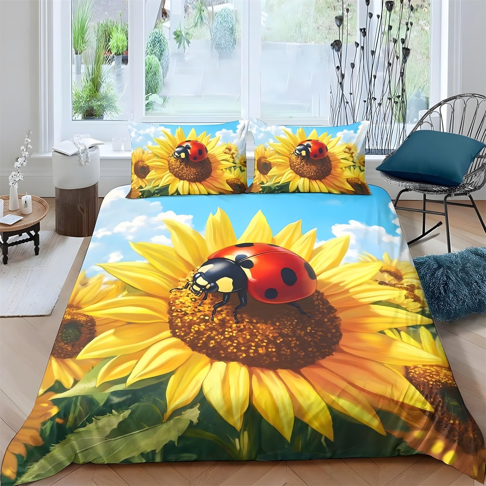 Ypthriline Single Duvet Cover Set Sunflowers Bedding Set Microfiber Ladybug Duvet Covers with Pillowcases Reversible Bedding With Zipper Closure 135x200CM