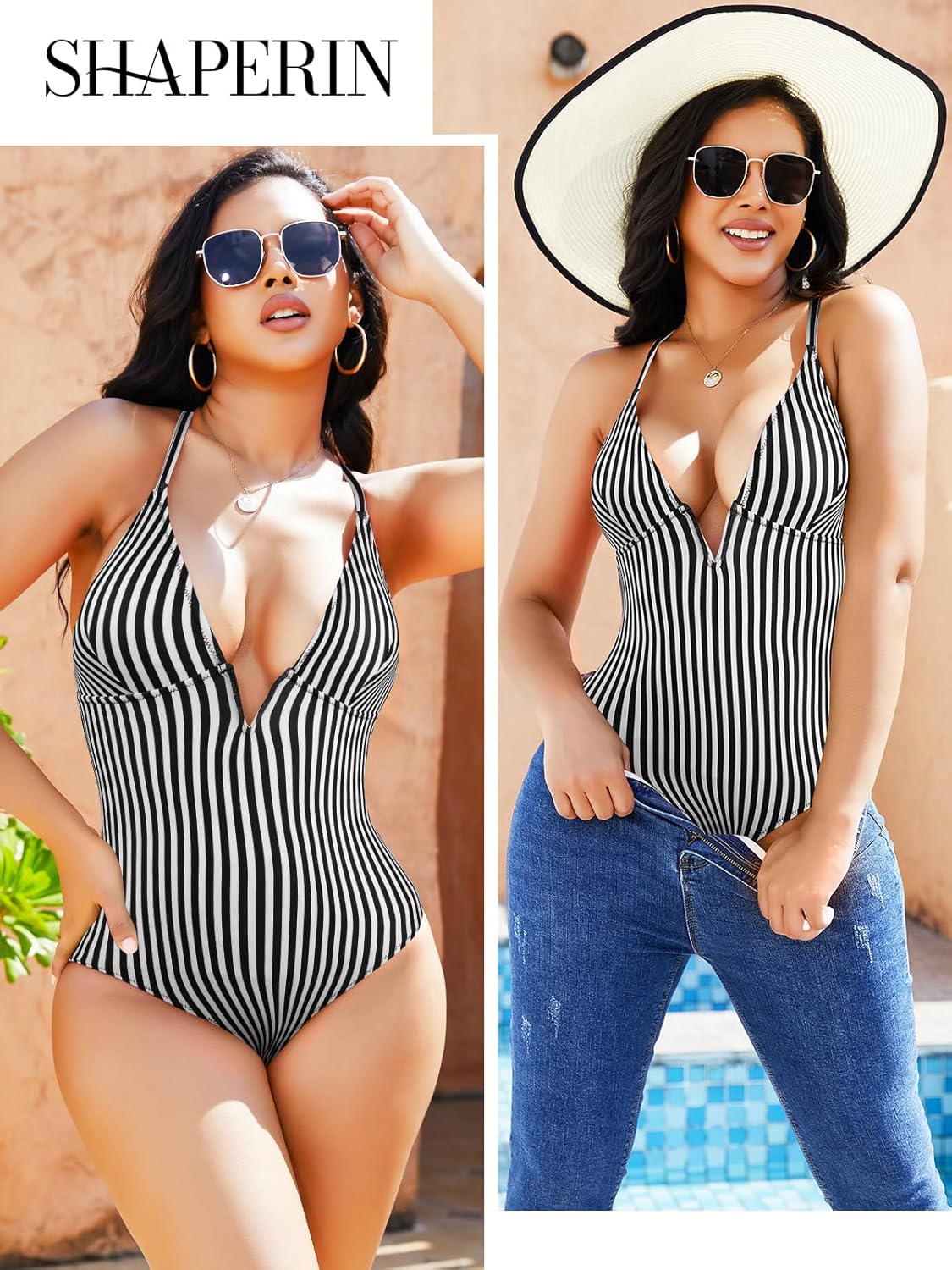 SHAPERIN Women's One Piece Swimsuit Deep V Neck Bathing Suits Tummy Control Push Up Padded Swimwear - Image 5