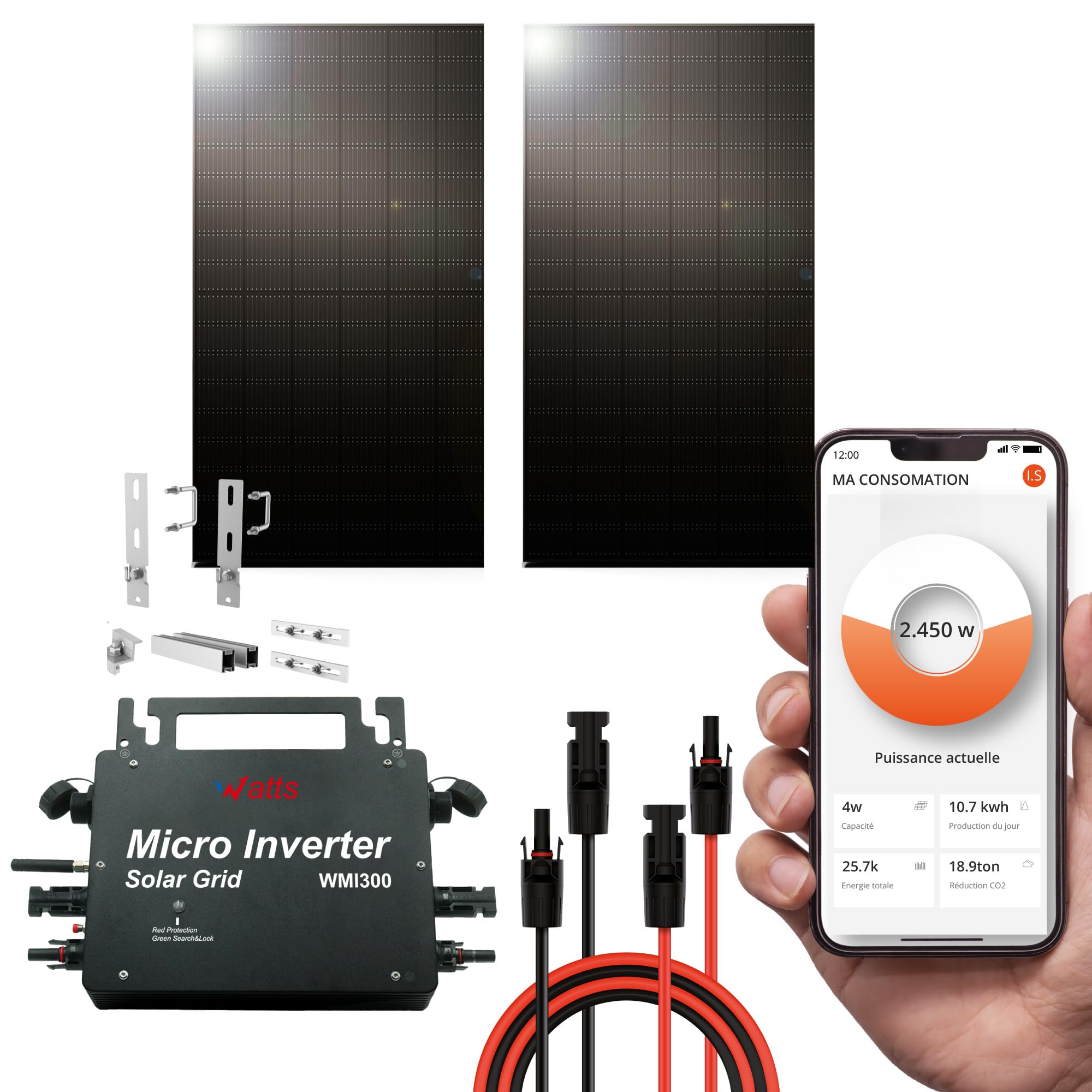 Wonder Full Energy – Kit Solar Completo Listo para conectar 300 W – Monocristalino, Alta eficiencia, IP67 – Instalación Sencilla – Apto para balcón, Jardines, Superficie de Pared, techos, etc. – Plug
