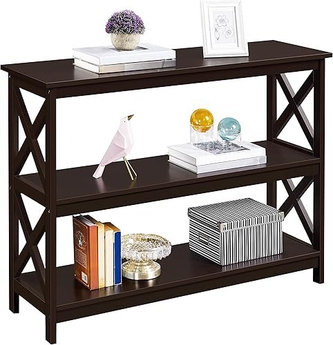 Yaheetech Mesa consola con 3 estantes de almacenamiento, mesa de entrada de 3 niveles, estantería larga estrecha lateral para sofá para pasillo,