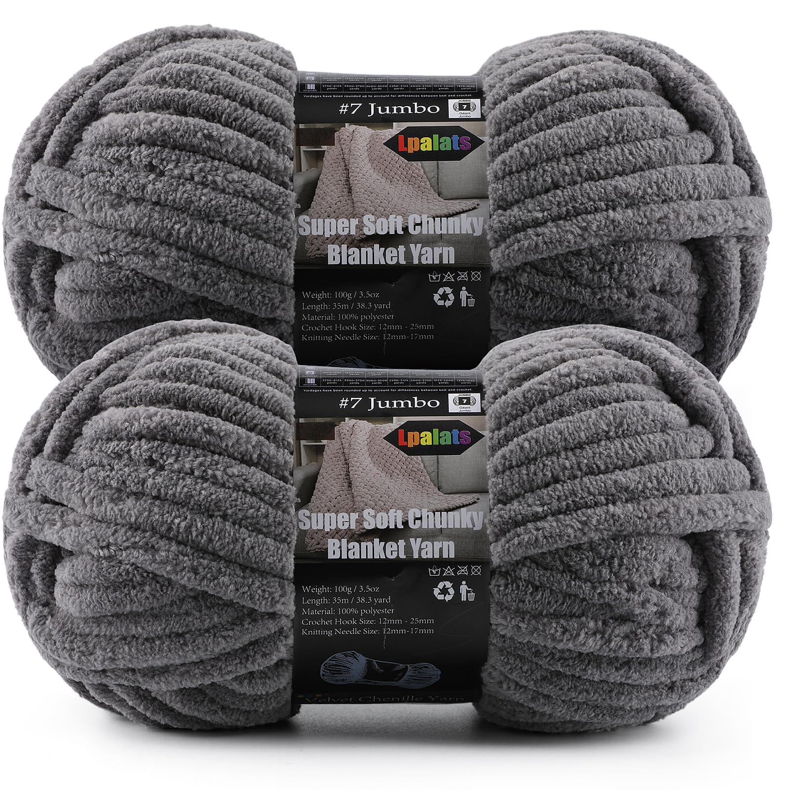 2-Pack Super Soft Chunky Yarn for Crocheting Blankets - 7oz/76.4yd Total, Thick &amp; Plush Chenille Yarn for Quick Baby Projects, Amigurumi, Scarves, Charcoal Gray