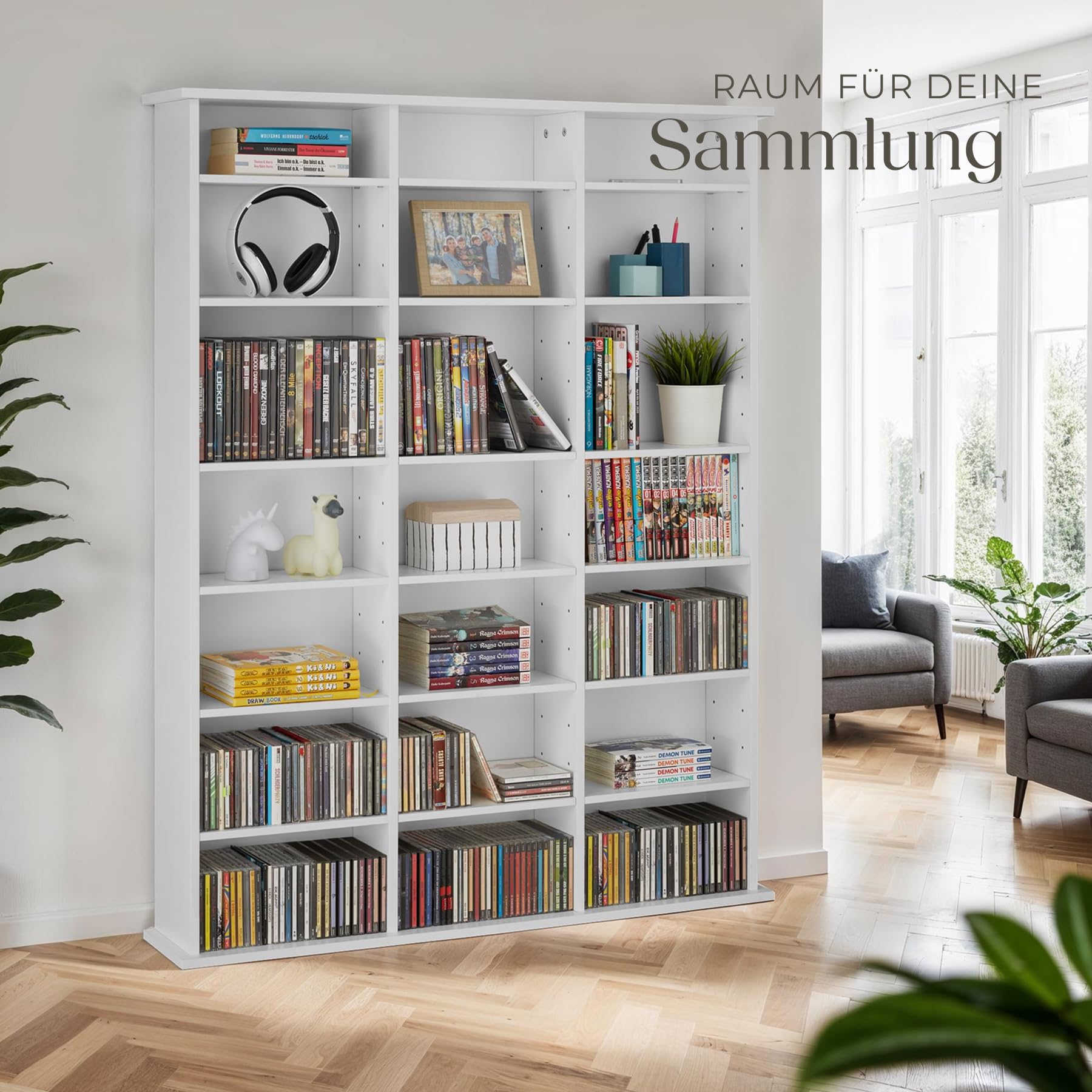 tectake® CD Regal, DVD Ständer, Raumteiler Schrank, Wand Regale Weiß, 18 Einstellbare Zwischenböden, Manga Aufbewahrungssystem - Weiß Matt