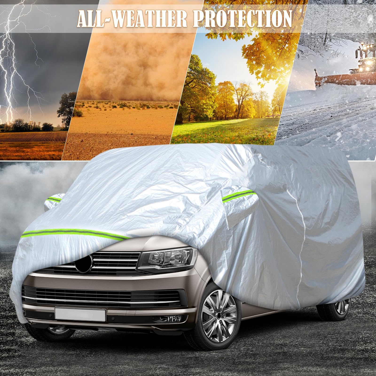 Housse de Voiture Adaptée pour VW T5 T6 SWB Transporter, Housse de Garage Complète Argentée étanche avec Porte Zippée pour Neige, Pluie, Protection Tous Temps