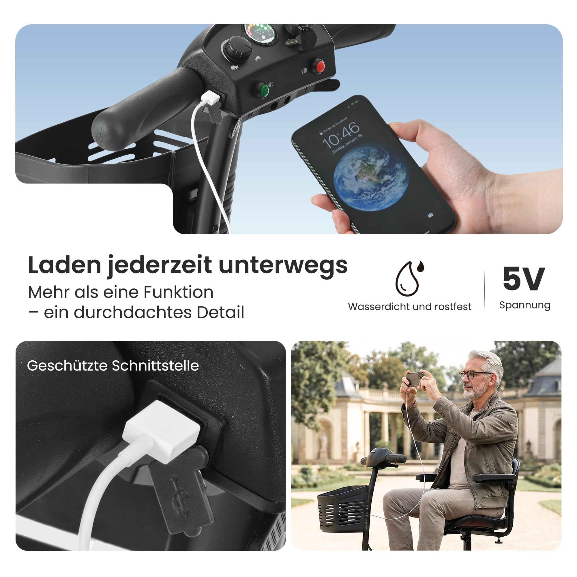 Patinete eléctrico de 4 ruedas para personas mayores y adultos, motor de 250 W, capacidad de carga de 136 kg, alcance de 15 km, sin permiso de conducir, iluminación USB y LED, para casa y exterior