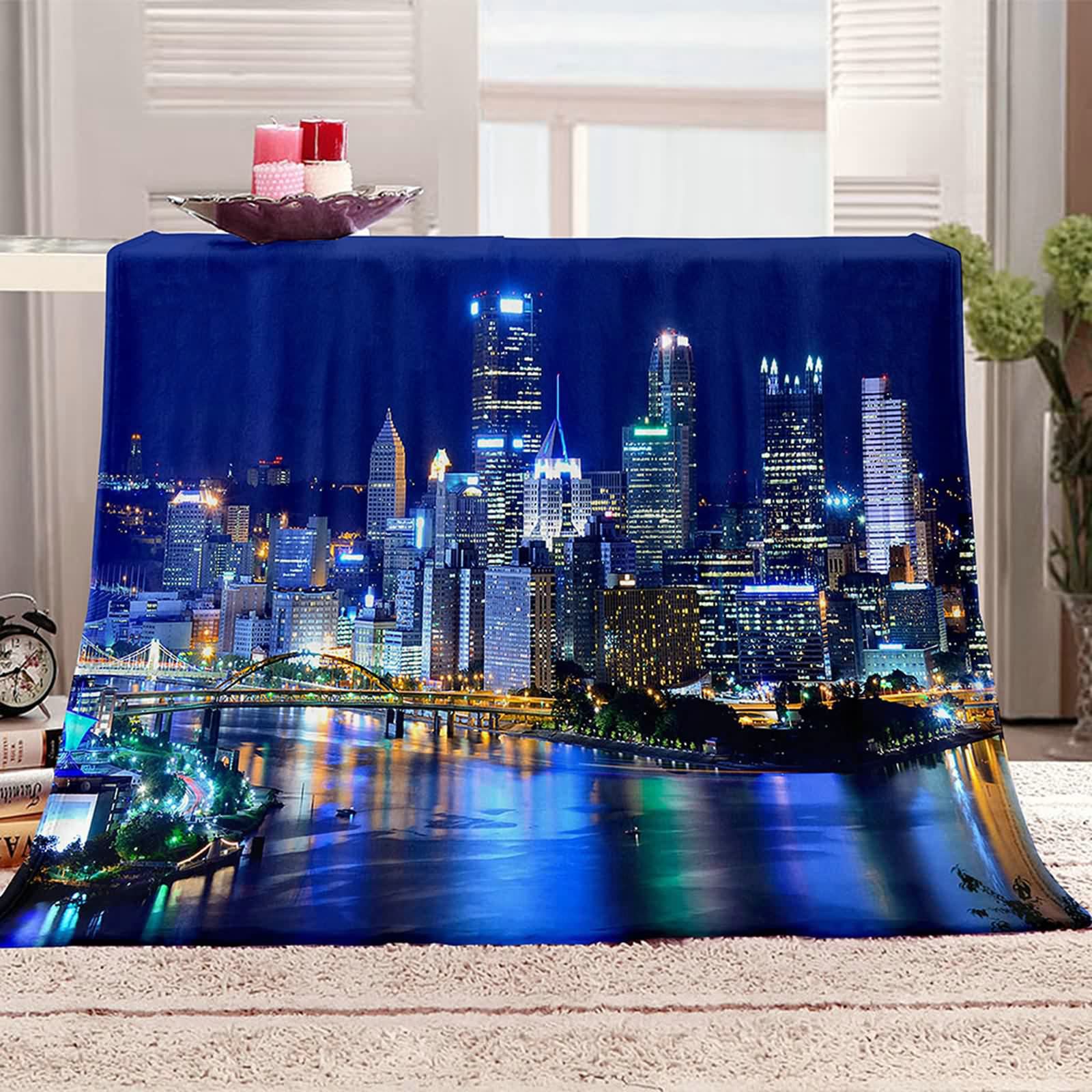 Aeici Koc polarowy, koc polarowy rękaw 180x200 cm miasto krajobraz nocny koc na sofę prezent dla dorosłych i dzieci