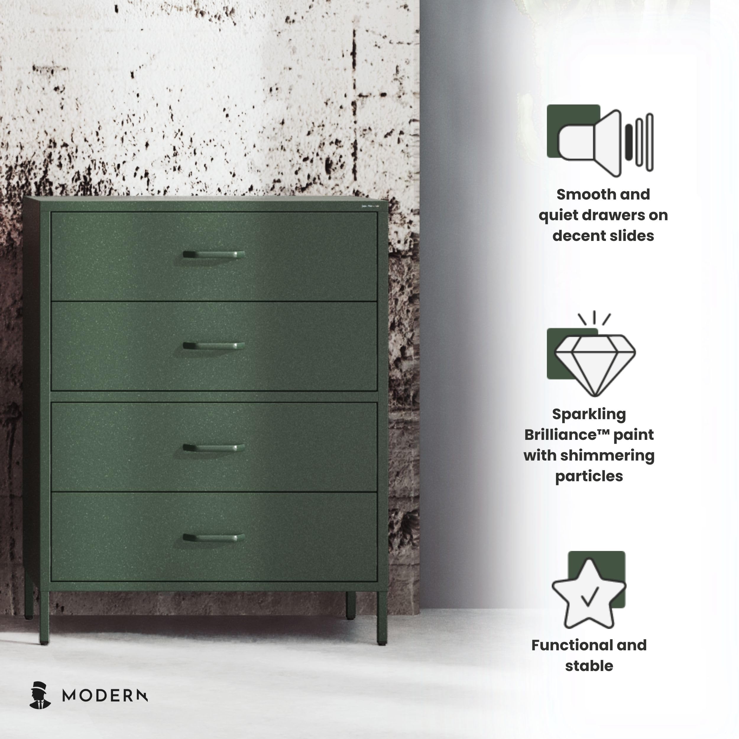 Jan Nowak Metall Kommode mit Schubladen - Carla | Komodenschrank für Schlafzimmer, Wohnzimmer, Kinderzimmer | Industrial Loft Style | Schubladenkommode Glitzernd | 80 x 101,5 x 40 cm | Flaschengrün