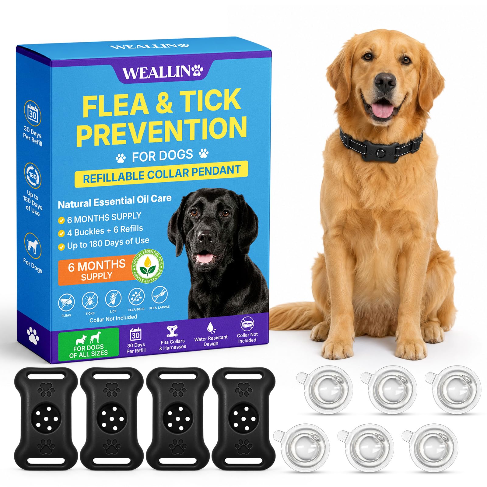 Flea Collar for Dogs, Refillable Collar Pendant 4 Clips + 6 Refills, Black