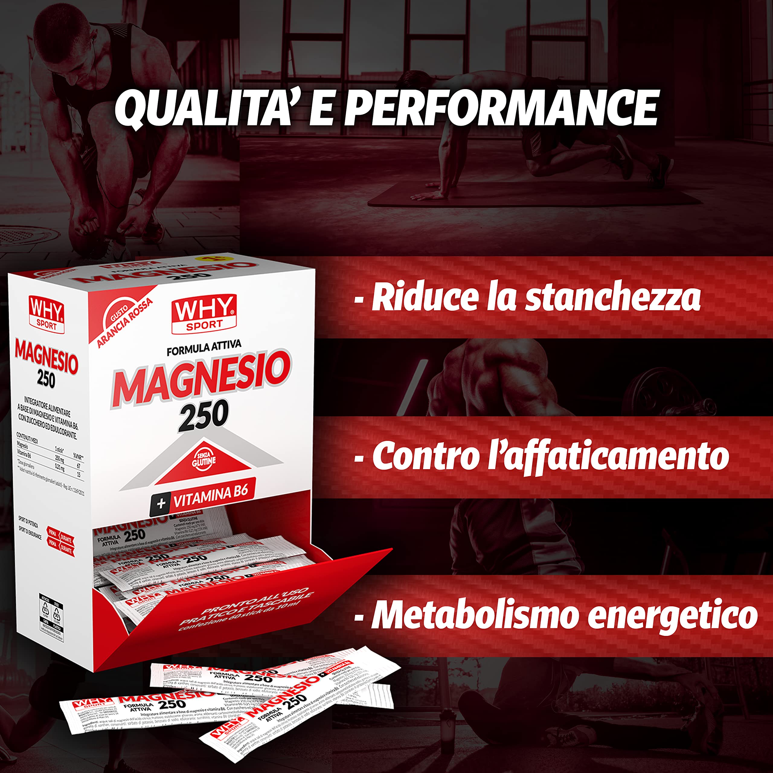 WHY SPORT Magnesio 250 - Integratore Alimentare Sali Minerali e Vitamina B6 Senza Glutine - Gusto Arancia Rossa – Box da 60 Stick – 10 ml
