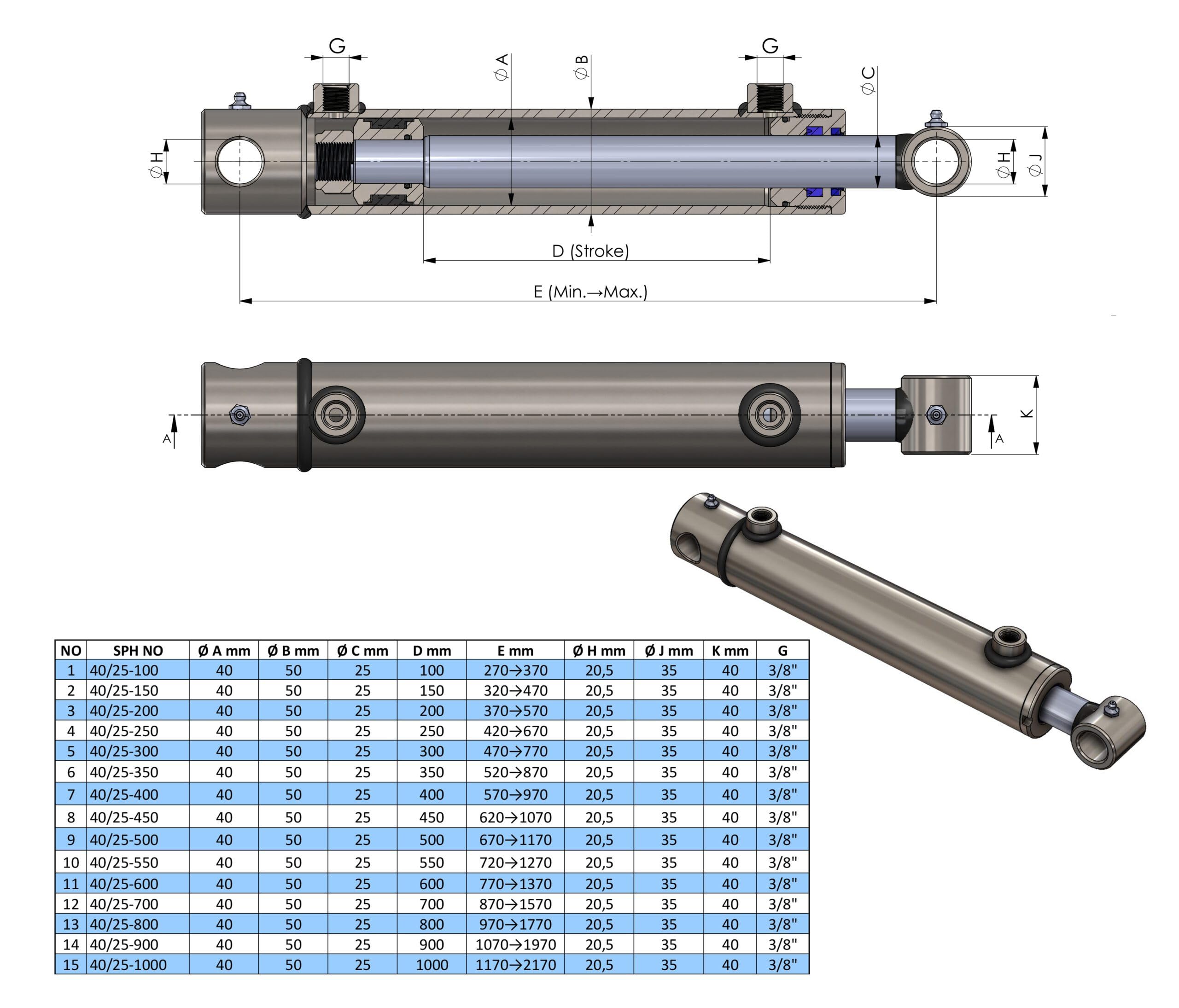 Cilindro Doppio Idraulico 40/25-150 Mm Con Attacchi - Pressione 250 Bar, Per Applicazioni Industriali - Foto 10