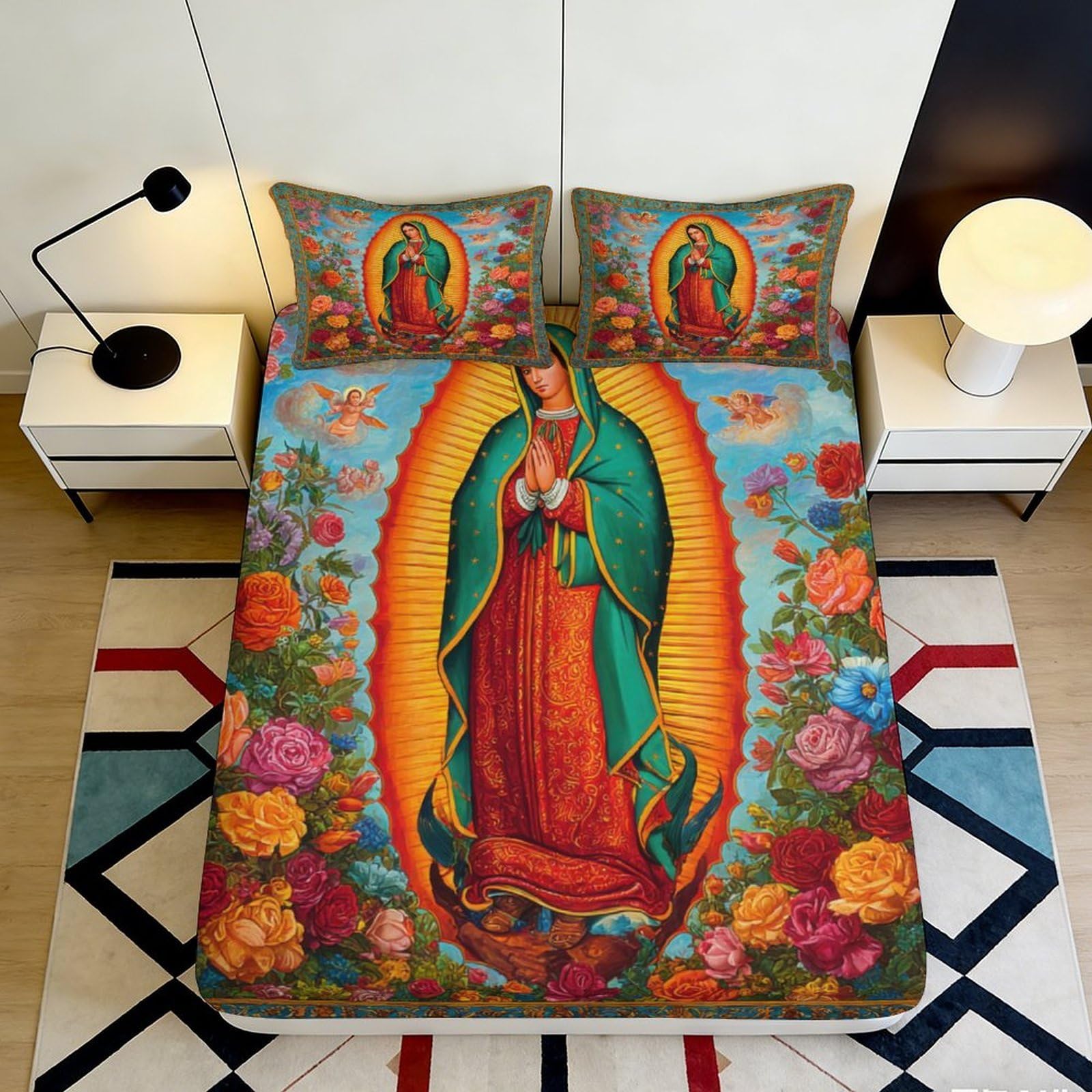 3D Printed Virgin of Guadalupe Fitted Sheet Microfiber Floral Bed Cover for Bedroom Decor Mattress Protection 90x200x25cm