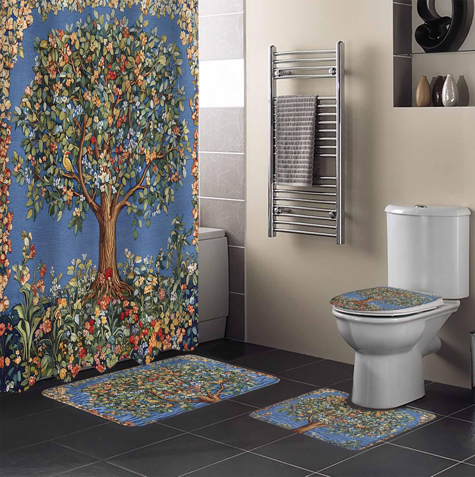 Flowers Trees Bathroom Set with Shower Curtain and Rug Accessories - 36x72 Inches Long Boho Vintage Floral Botanical Plant Birds Stall Curtain Waterproof with Large Bath Mat,Washable Runner Rug Set