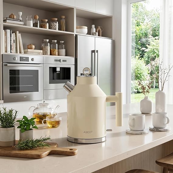 ASCOT Electric Kettle, 1.5L Stainless Steel Interior, Plastic-Free, 2200W Fast Boil, Retro Design, Auto Shut-Off & Boil-Dry Protection - Beige