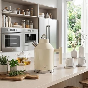 ASCOT Electric Kettle, 1.5L Stainless Steel Interior, Plastic-Free, 2200W Fast Boil, Retro Design, Auto Shut-Off & Boil-Dry Protection - Beige