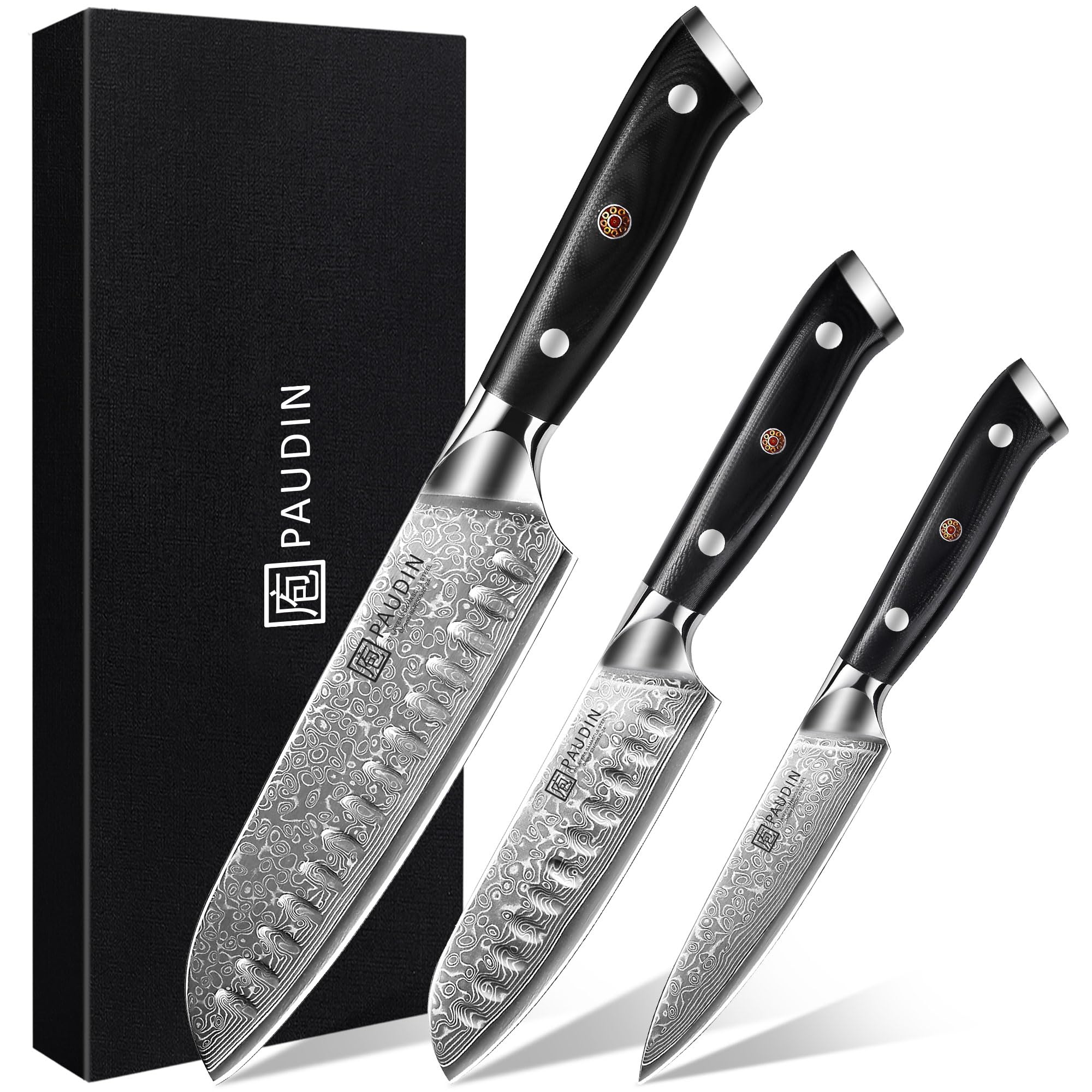 PAUDIN Damastmesser set, Messerset 3-teilig, Damast Küchenmesserset mit Ultra Scharfes Santokumesser Küchenmesser aus 67 Schichten Damaststahl mit Japanischem VG10 Stahl Kern, Ergonomischer G10 Griff