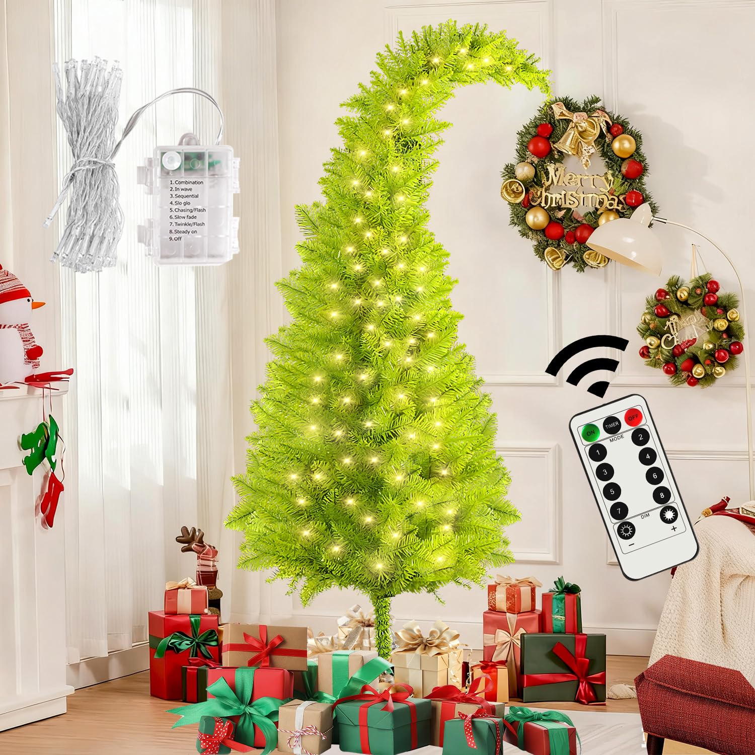6ft christmas tree with bendable branches, whimsical tree christmas decorations xmas lime green christmas tree with timer remote control 150 led lights for outdoor yard indoor home