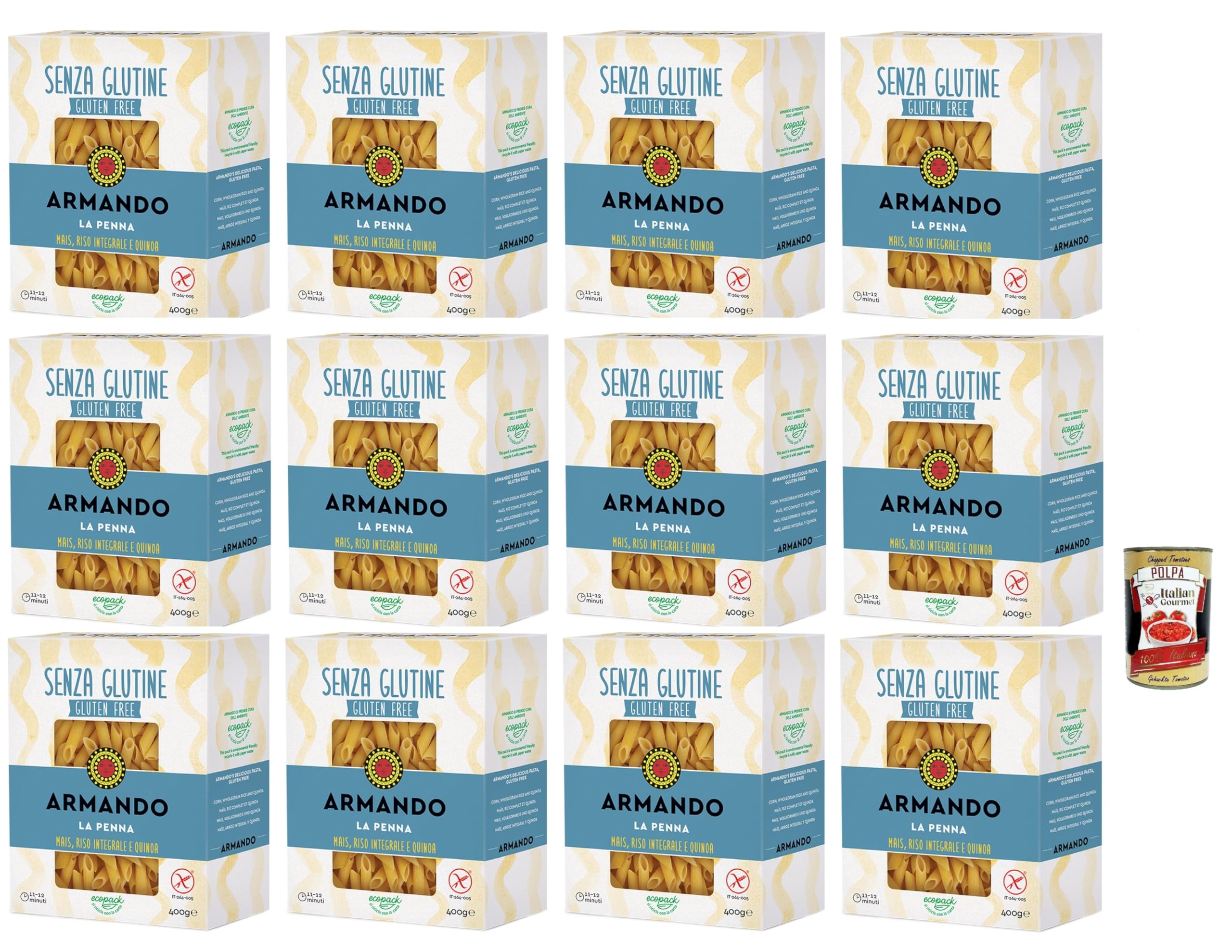 Armando, La penna senza glutine, Pasta sin gluten con multireals con maíz, arroz entero y quinua – Penne sin gluten 12 x 400 g + Polpa italiana Gourmet 400 g