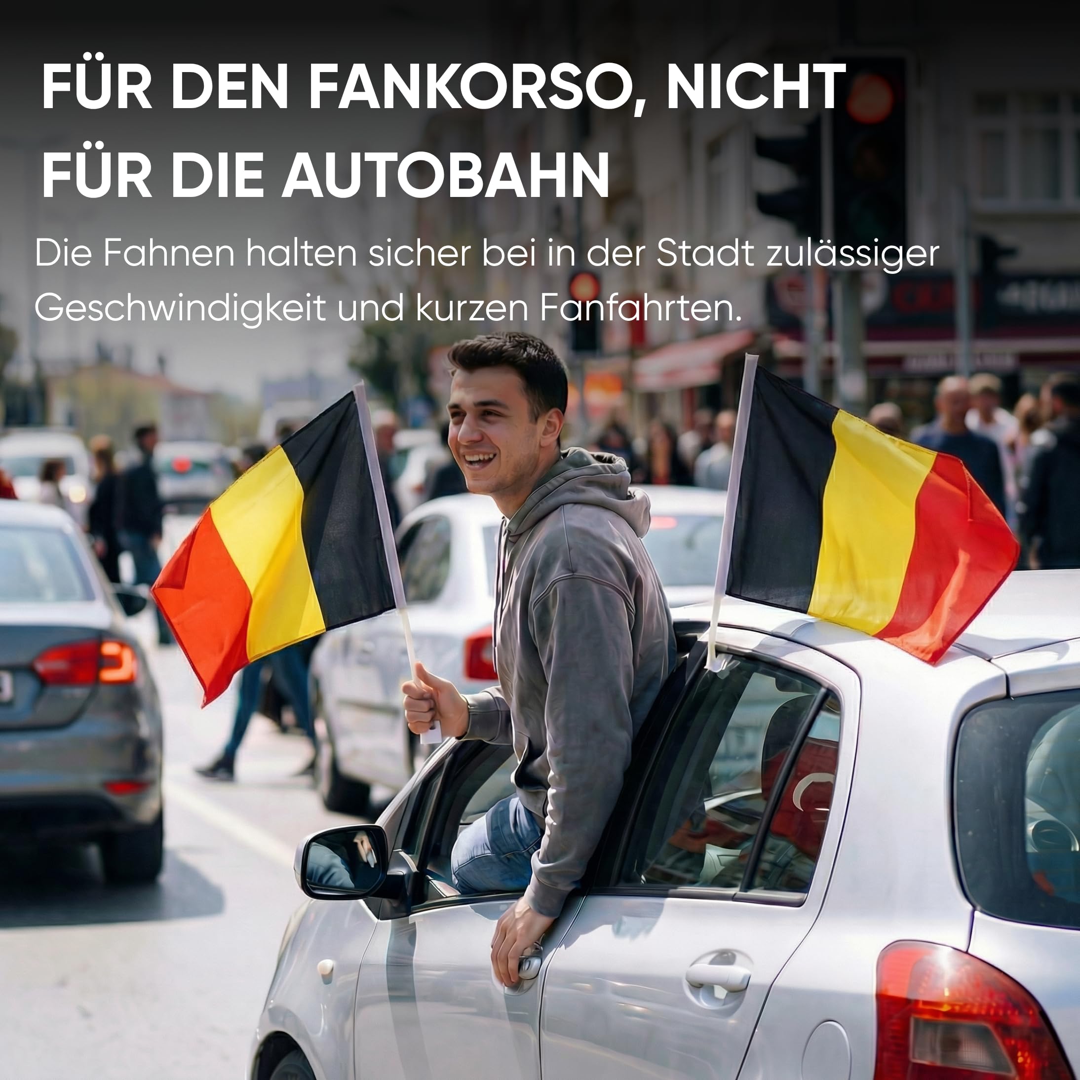 Auto Fahnen Belgien Komplett Set - Motorhaubenfahne, 2 Autofahnen Fenster, 2 Außenspiegelfahnen & 2 Magnet Autofahnen, Fußball EM & WM Fanartikel, Belgische Flagge Fahrzeug Deko