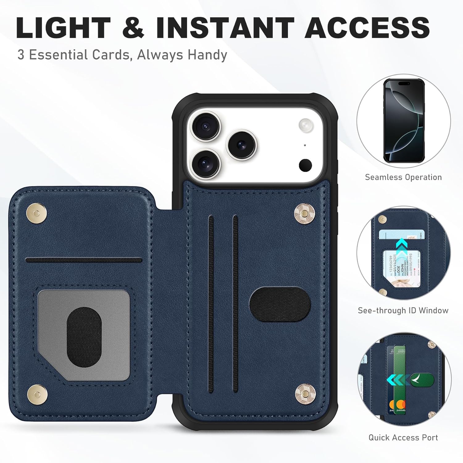TUCCH Card Wallet Case for iPhone 17 Pro Max (6.9") 2025, RFID Blocking 3 Card Holders, Crossbody Lanyard Strap, Magnetic Closure, Clear ID Window, Undetachable, PU Leather Shockproof Cover, Dark Blue