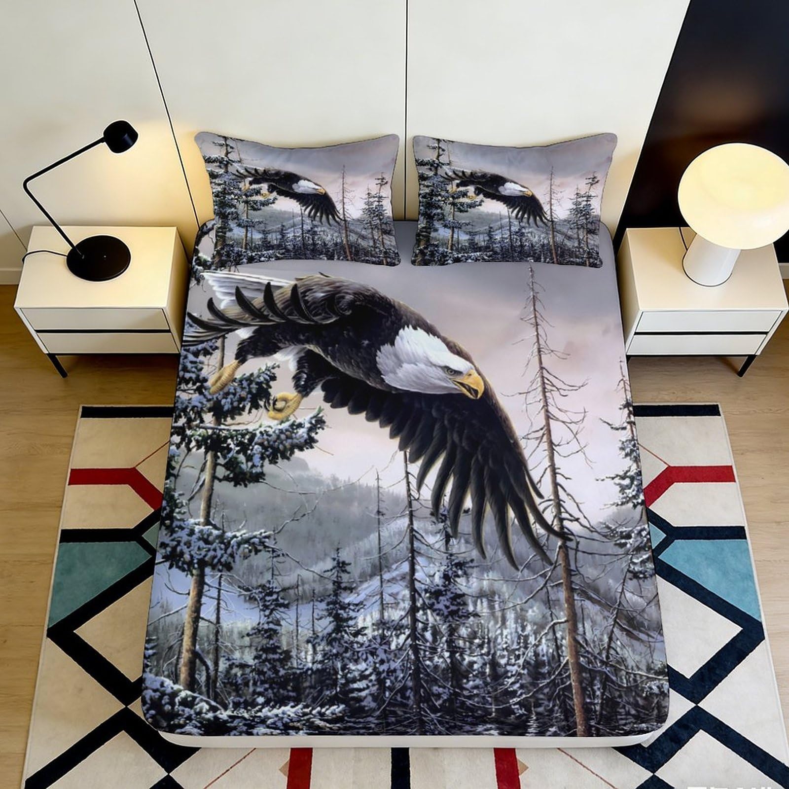 Pnayamiorkfel Style-7 3D Printed Bald Eagle Forest Fitted Sheet Microfiber Soft Decor Mattress Cover For Bedroom Guest Room Bed Protection 90X200x25cm