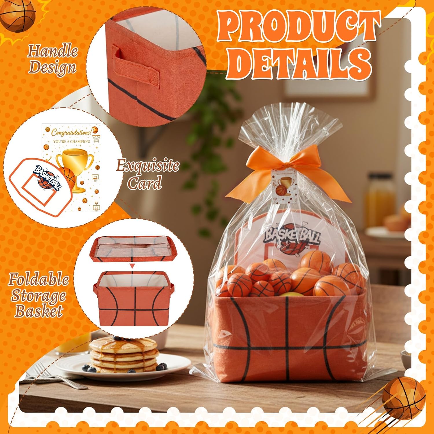 Novabright 12 Pcs Basketball Gift Basket Player Treat Fabric Storage Basket Candy Snack Bucket with Basketball Hoop Greeting Cards Packaging Bags Ribbons for Birthday Party Favors Gift Decoration