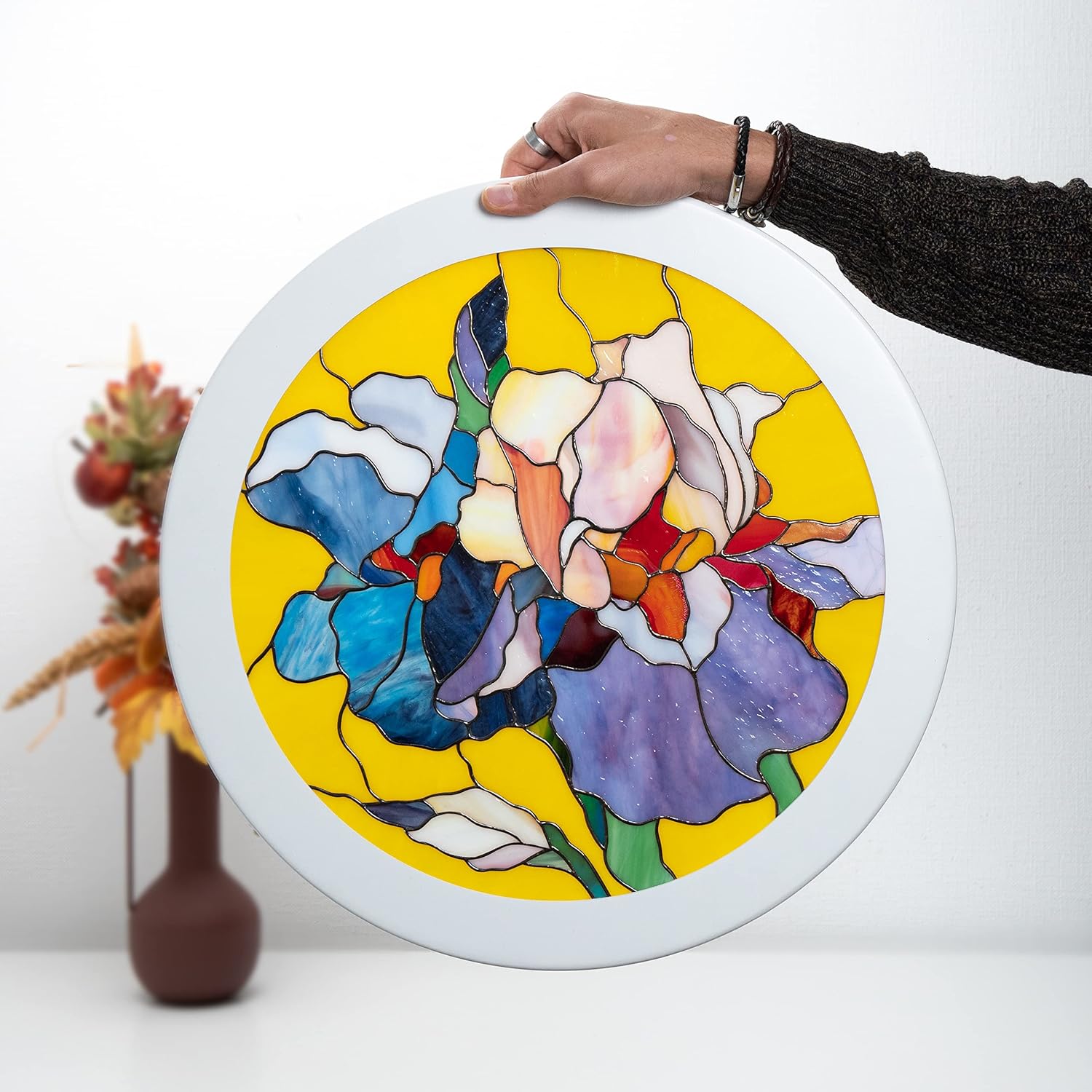 Iris Flower Stained Glass Window Hanging Panel Tiffany Glass Art Handicrafts for Home Decor Genuine Living Room Design Idea