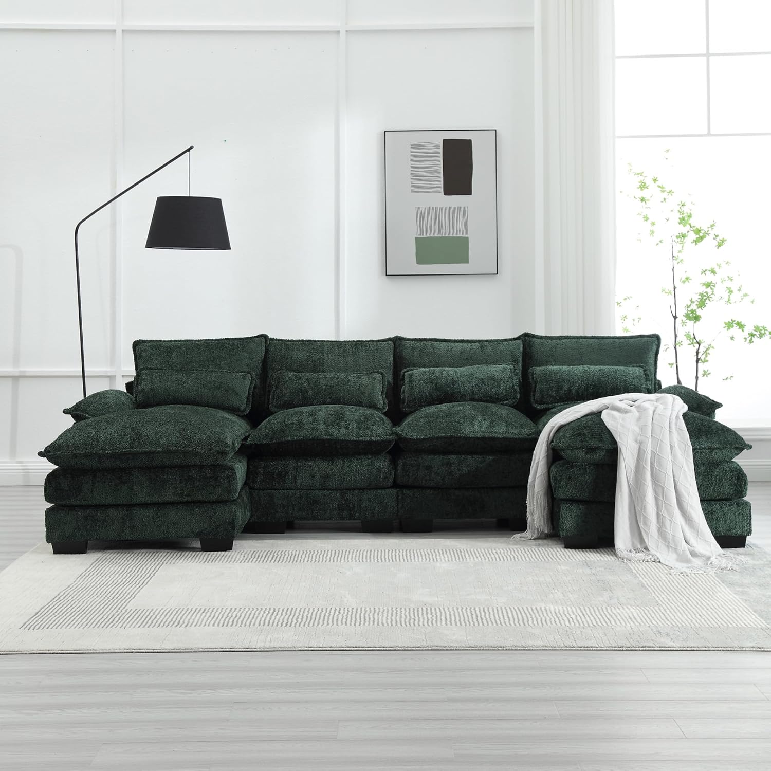 QQU 110.63" W U-Shape Modern Sectional Sofa Couch with Plastic Leg, Upholstery Chenille Modular Sectional Sofa Bed with Memory Foam, Large Sleeper Couch Chaise Lounges for Living Room(Emerald)