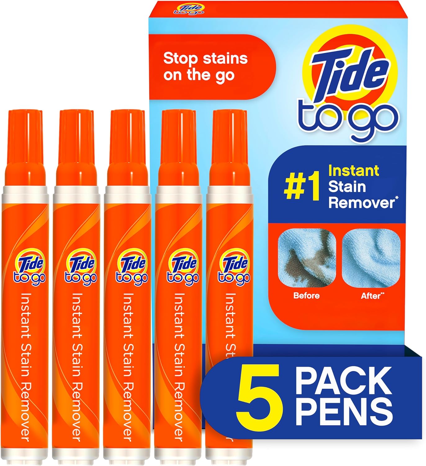 Tide To Go Instant Stain Remover Liquid Pen, 5 Count, Packaging may