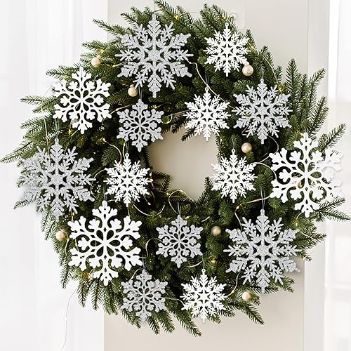 Miniatura 5 de Adornos de copo de nieve de Navidad blancos y plateados, 36 piezas de copos de nieve colgantes con purpurina de plástico para decoración de árbol de