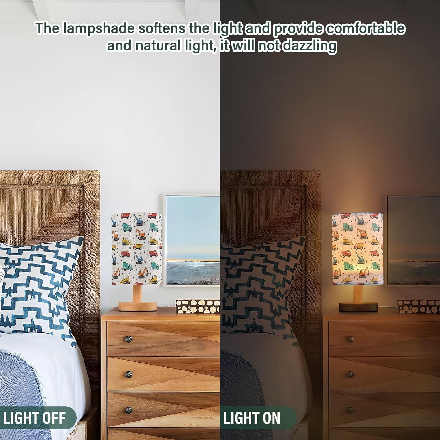Cartoon Construction Truck White Pattern Bedside Table Lamp for Bedroom Nightstand Lamp with Wood Base & Round Flaxen Fabric Shade Small Table Lamp for Living Room Home Office Dorm Working Reading