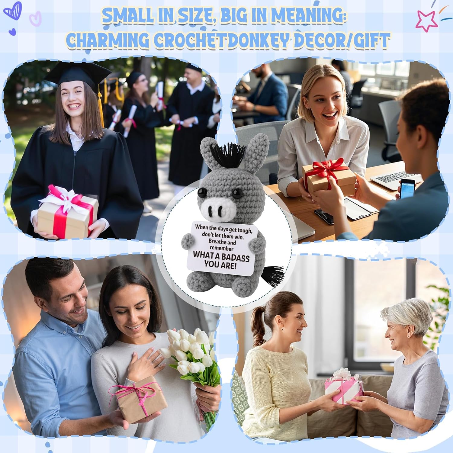 Funny Galentine's Positive Badass Donkey Crochet Animals, Motivational Gift for Women Men Coworkers, Best Friends - Emotional Uplifting Support Small Easter Holiday Basket Stuffer for Grandkids - Image 6