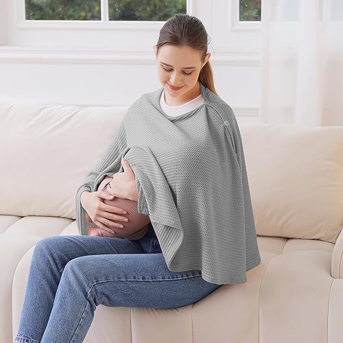 Miniatura 4 de Funda de lactancia de punto para lactancia materna, transpirable y suave, cuello ancho con elástico para una fácil visión (gris)