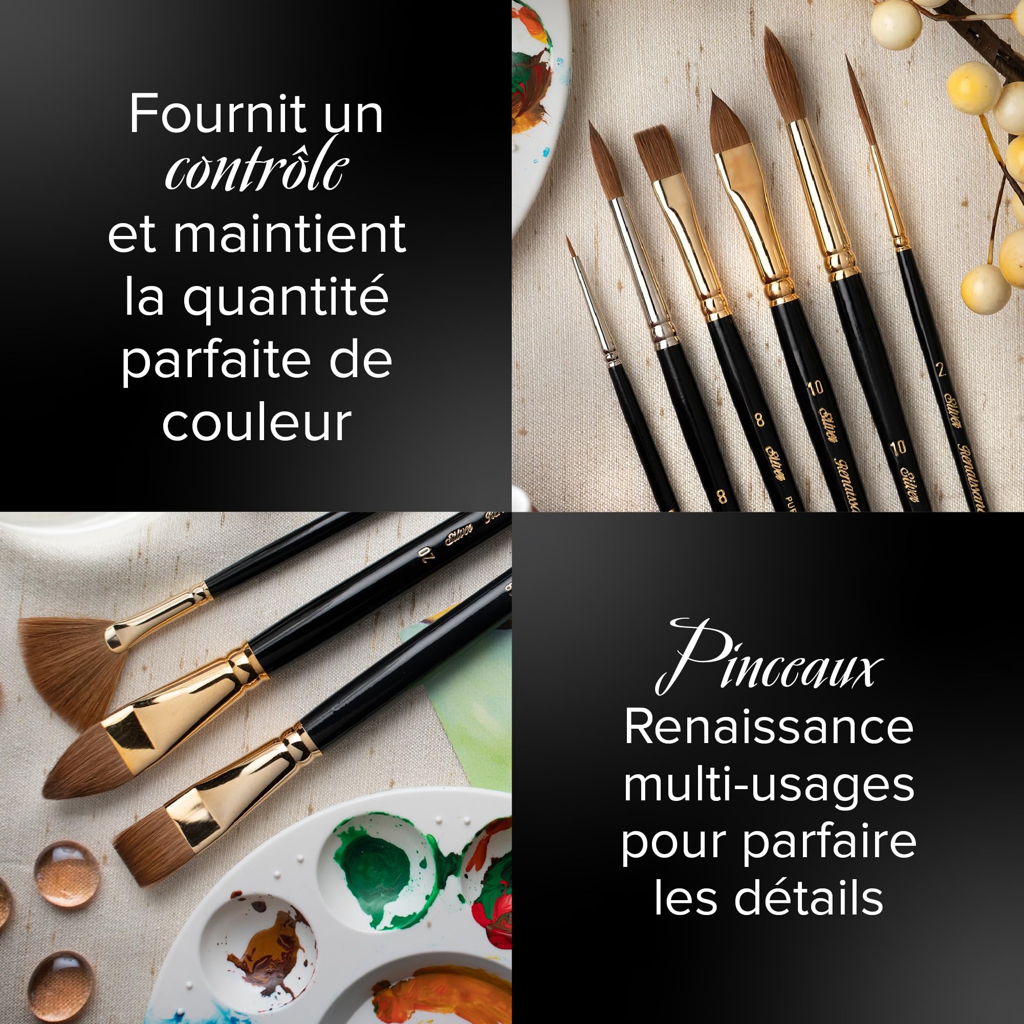 Silver Brush Limited - Assortiment de 7 pinceaux Langue de Chat Renaissance pour l’Aquarelle et la Peinture à l'huile - Manche Long - Tailles 1, 2, 4, 6, 8, 10, 12