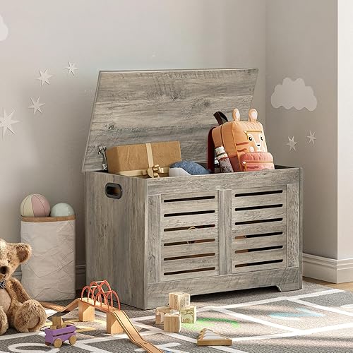 Miniatura 2 de DINZI LVJ Cofre de almacenamiento, caja de juguetes de madera con tapa abatible y 2 bisagras de seguridad, banco de almacenamiento de zapatos para